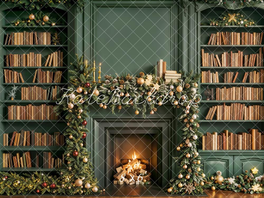 Kate Christmas Fireplace Bookshelves Fleece Backdrop Designed by Emetselch - Kate Backdrop AU