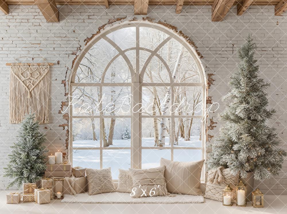 Kate Winter Christmas Trees Window Fleece Backdrop Designed by Emetselch