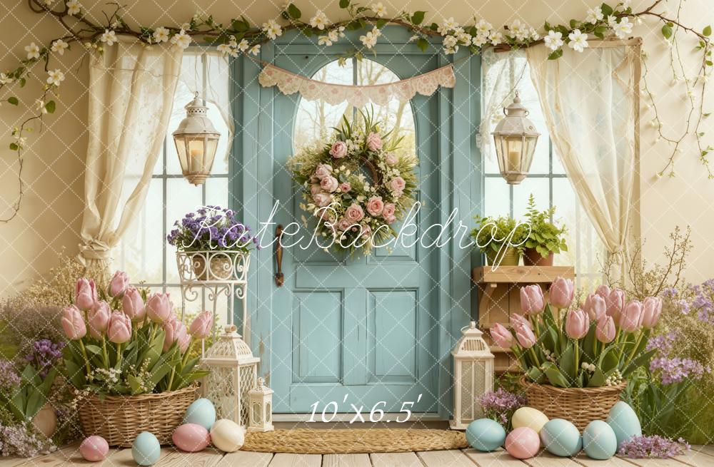 Kate Easter Eggs Floral Blue Door Backdrop Designed by Emetselch