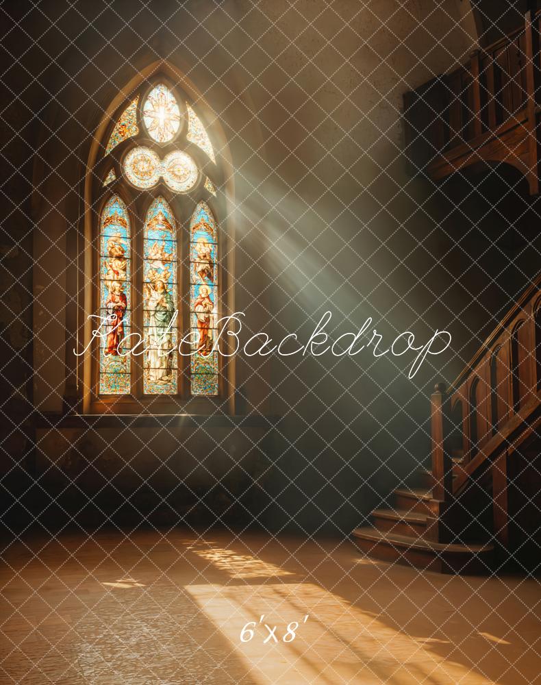 Kate Stained Glass Window Staircase Sunlight Fleece Backdrop Designed by Emetselch - Kate Backdrop AU