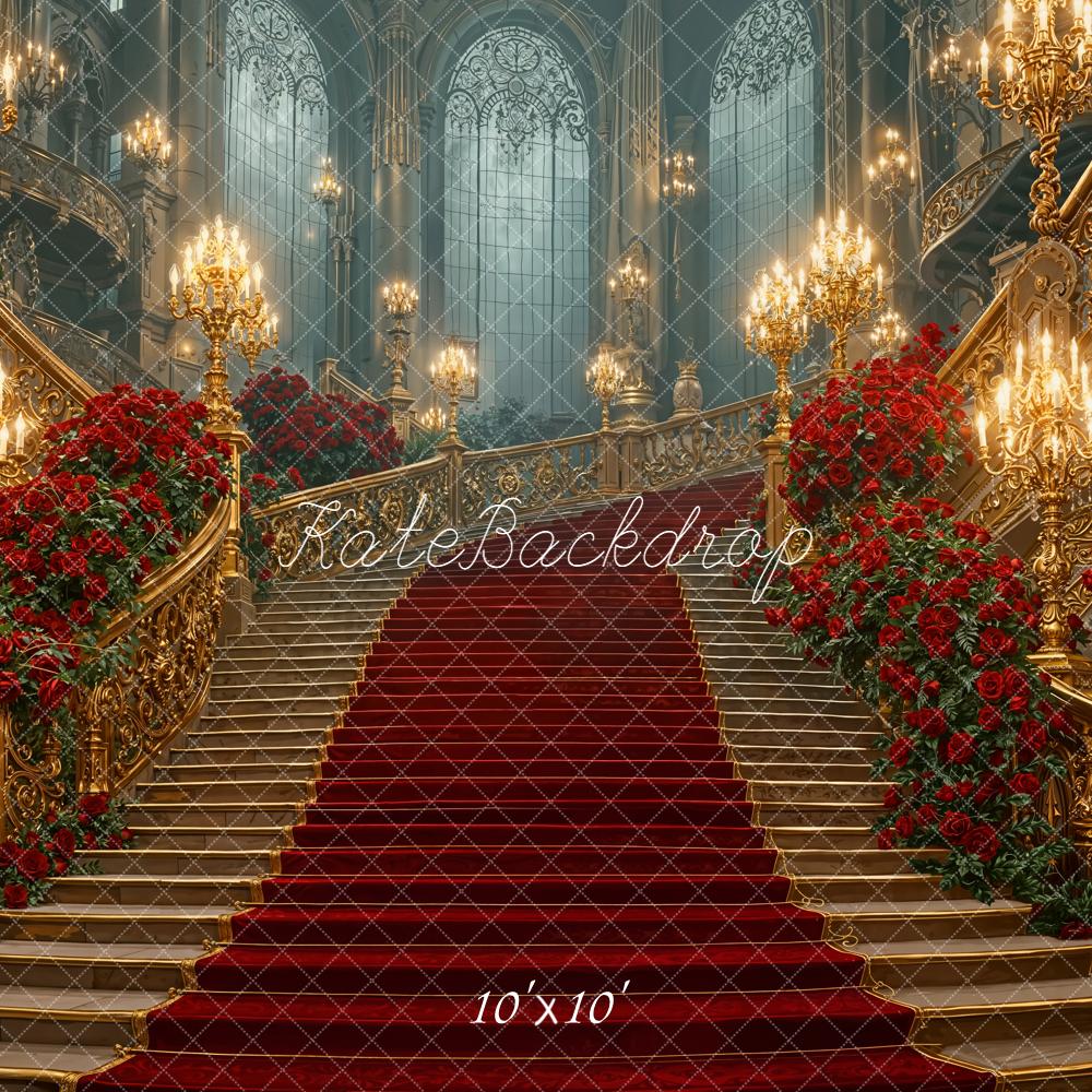 Kate Cascading Stairs Red Roses Grand Chandeliers Backdrop Designed by Emetselch