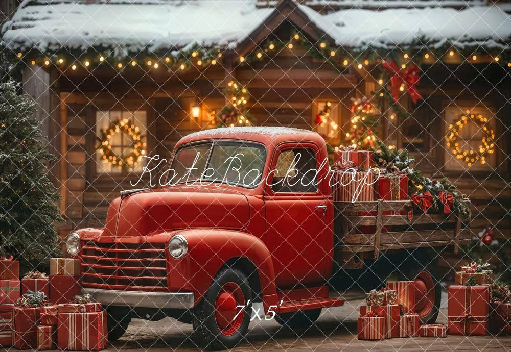 Kate Christmas Truck Red Cabin Snow Backdrop Designed by Emetselch - Kate Backdrop AU