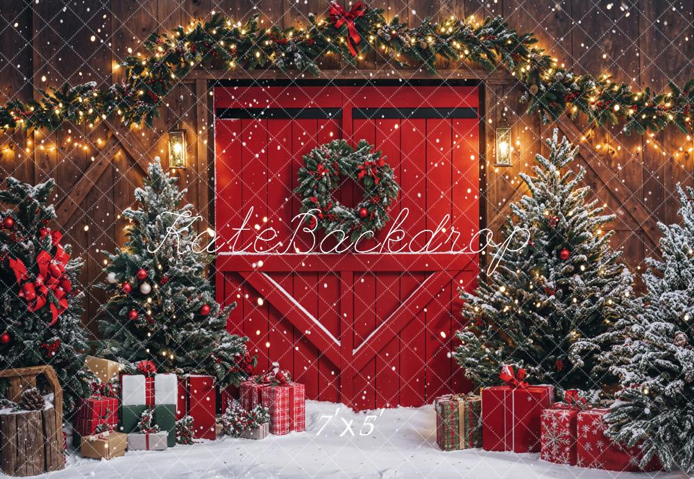 Kate Christmas Red Barn Door Pine Trees Presents Backdrop Designed by Emetselch - Kate Backdrop AU