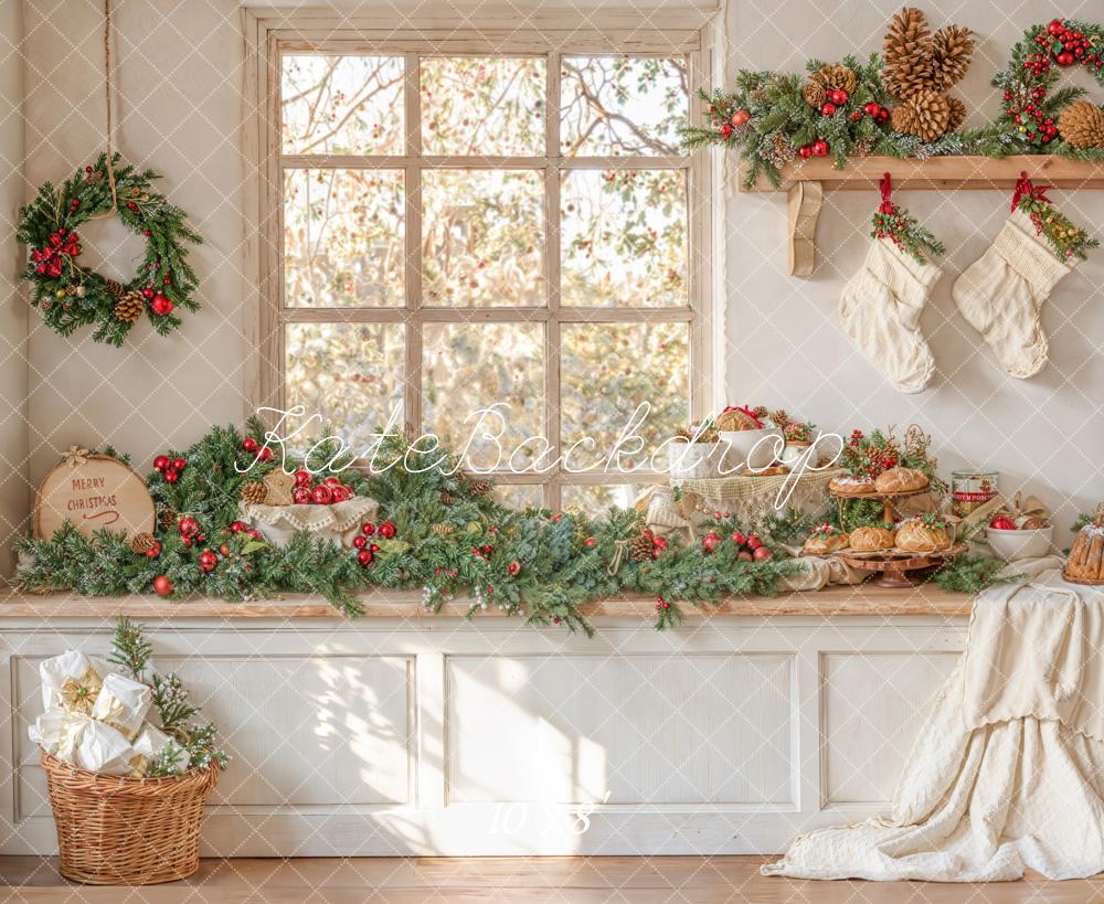 Kate Christmas Window Garland Stockings Fleece Backdrop Designed by Emetselch - Kate Backdrop AU