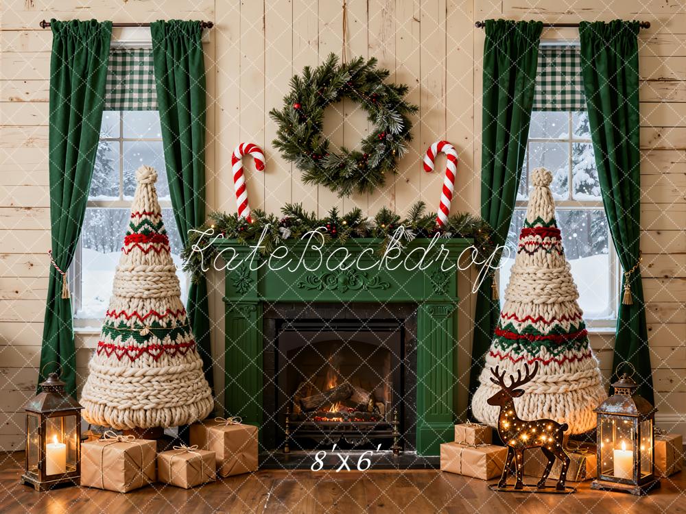Kate Christmas Fireplace Knitted Trees Wreath Backdrop Designed by Emetselch