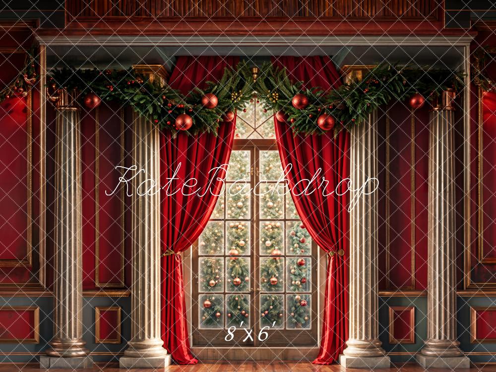 Kate Christmas Window Tree Red Curtains Backdrop Designed by Chain