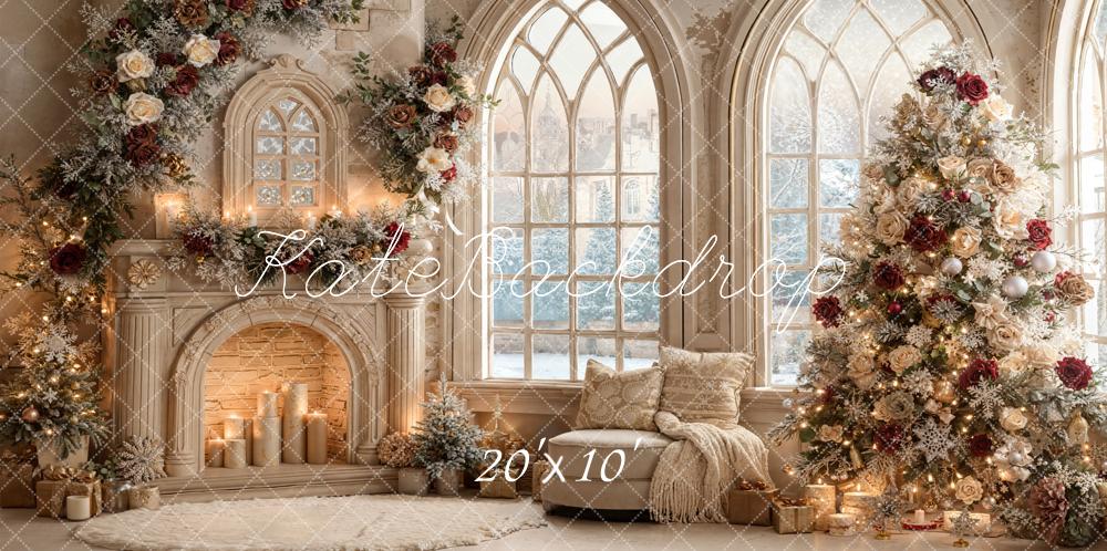 Kate Christmas Fireplace Floral Arched Windows Backdrop Designed by Emetselch