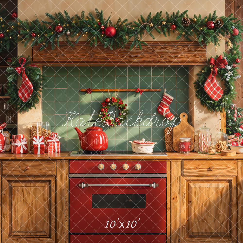 Kate Christmas Kitchen Garland Gifts Backdrop Designed by Emetselch - Kate Backdrop AU