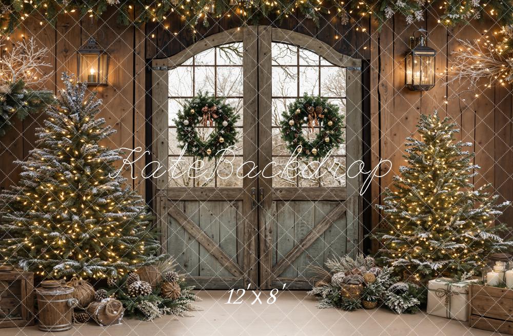 Kate Barn Door Christmas Trees Fleece Backdrop Designed by Emetselch - Kate Backdrop AU