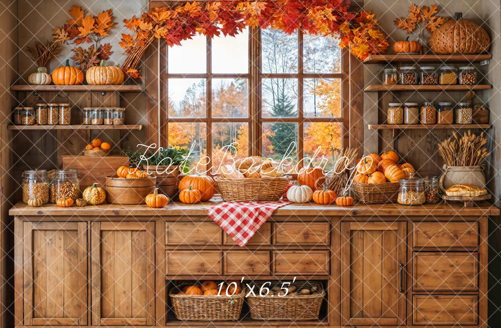 Kate Autumn Pumpkins Wooden Kitchen Fleece Backdrop Designed by Emetselch