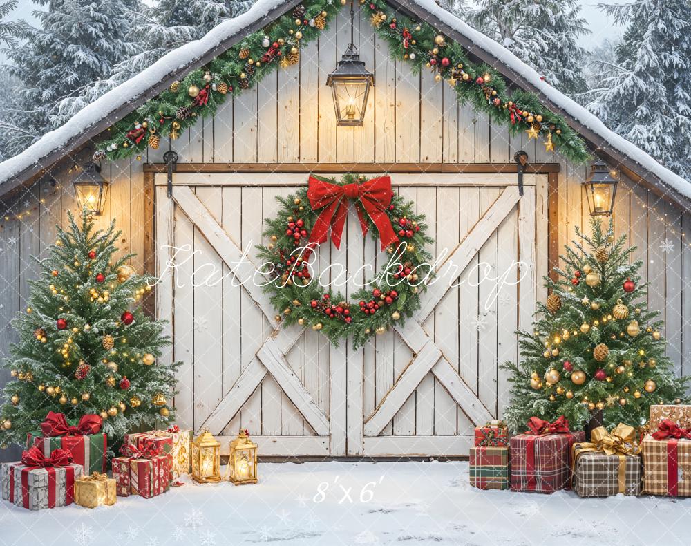 Kate Christmas Barn Door Wreath Gift Boxes Fleece Backdrop Designed by Emetselch - Kate Backdrop AU