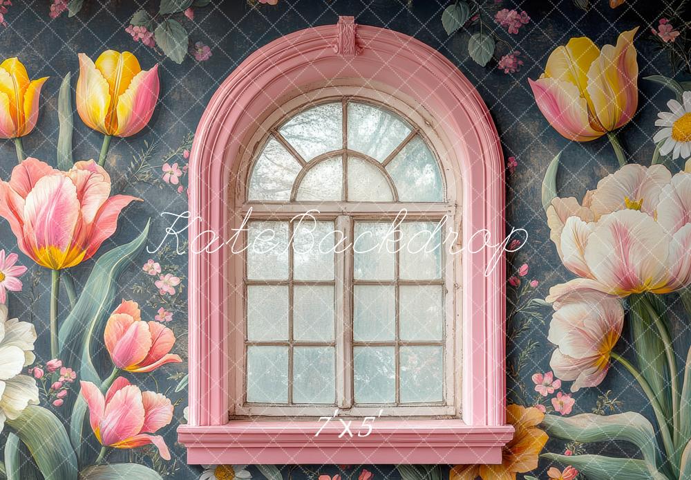 Kate Pink Arch Window Tulip Flowers Backdrop Designed by Mini MakeBelieve - Kate Backdrop AU