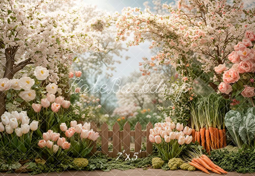 Kate Spring Blossoms Tulips Carrots Fence Backdrop Designed by Emetselch