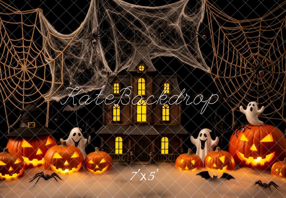 Kate Halloween Backdrop Haunted House Pumpkins Spider Webs Designed by Patty Roberts