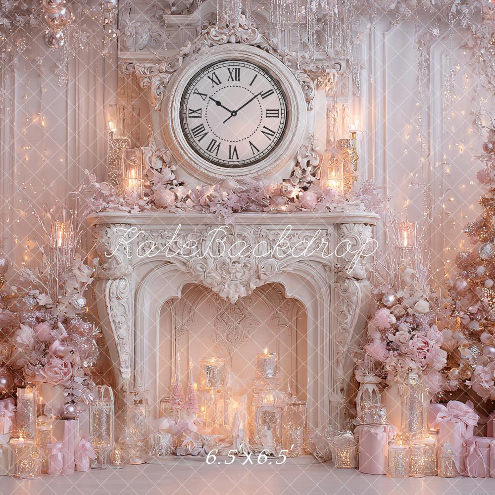 Kate Christmas Pink Trees Fireplace Clock Backdrop Designed by Ashley Paul