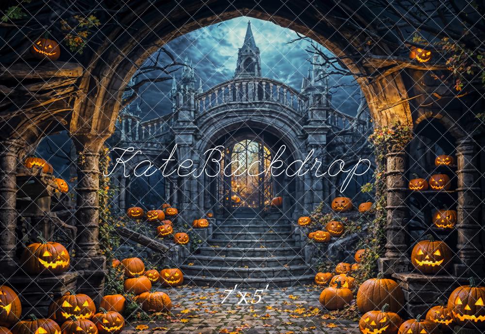 Kate Halloween Gothic Arch Pumpkins Staircase Backdrop Designed by Emetselch - Kate Backdrop AU