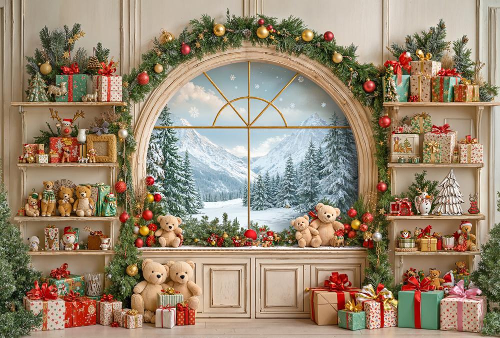 Kate Christmas Window Gifts Teddy Bears Fleece Backdrop Designed by GQ - Kate Backdrop AU