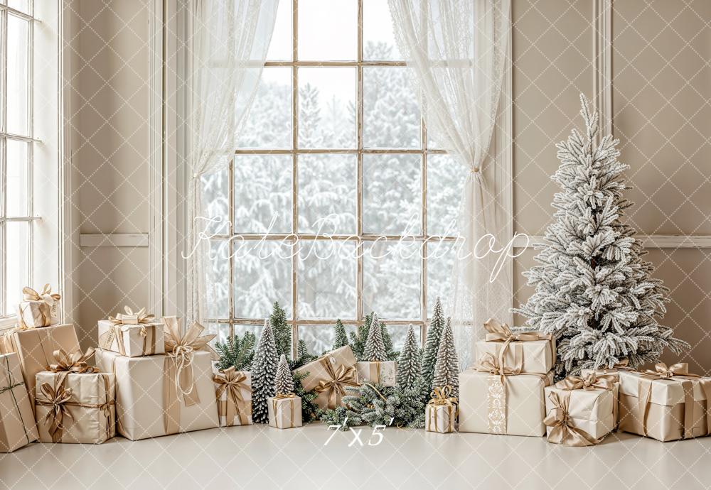 Kate Christmas Snow Tree Presents Window Backdrop Designed by Emetselch - Kate Backdrop AU