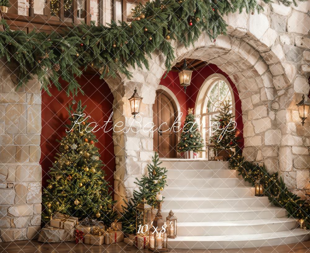 Kate Christmas Cascading Stairs Stone Arch Fleece Backdrop Designed by Emetselch