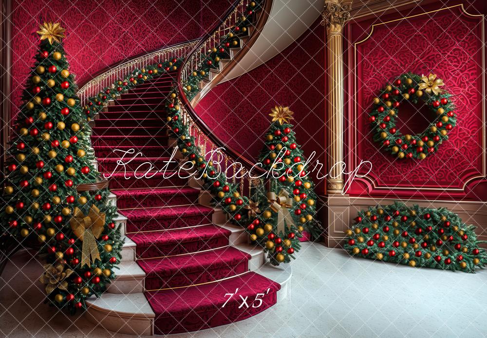 Kate Christmas Cascading Stairs Tree Wreath Red Backdrop Designed by Mini MakeBelieve - Kate Backdrop AU