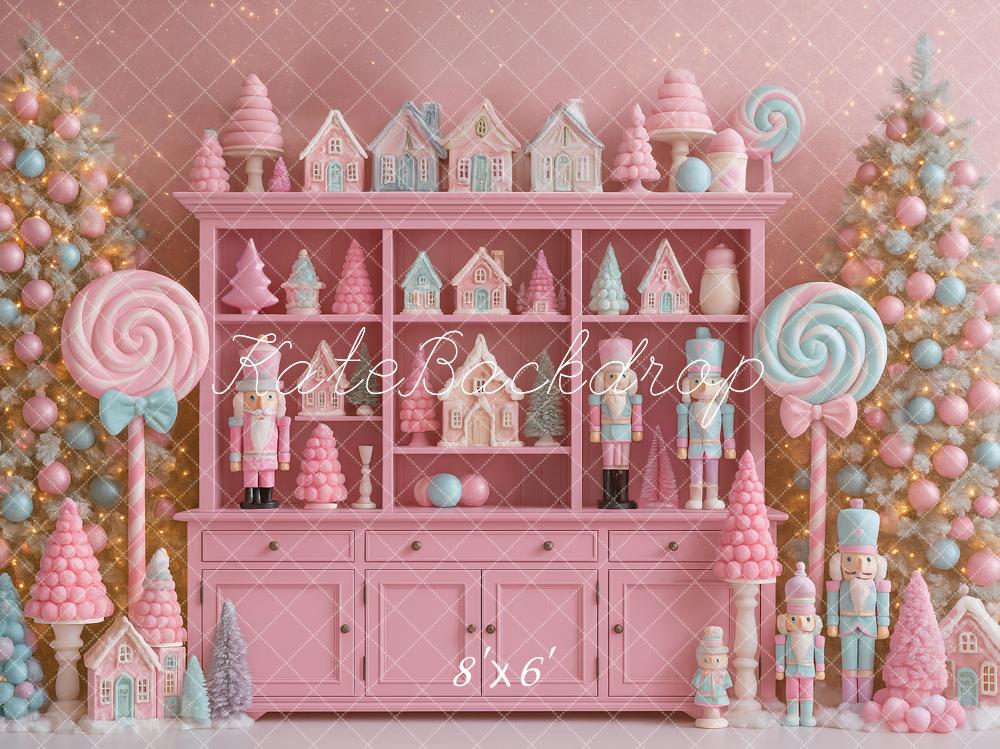 Kate Christmas Pink Candy Nutcracker Trees Backdrop Designed by Ashley Paul