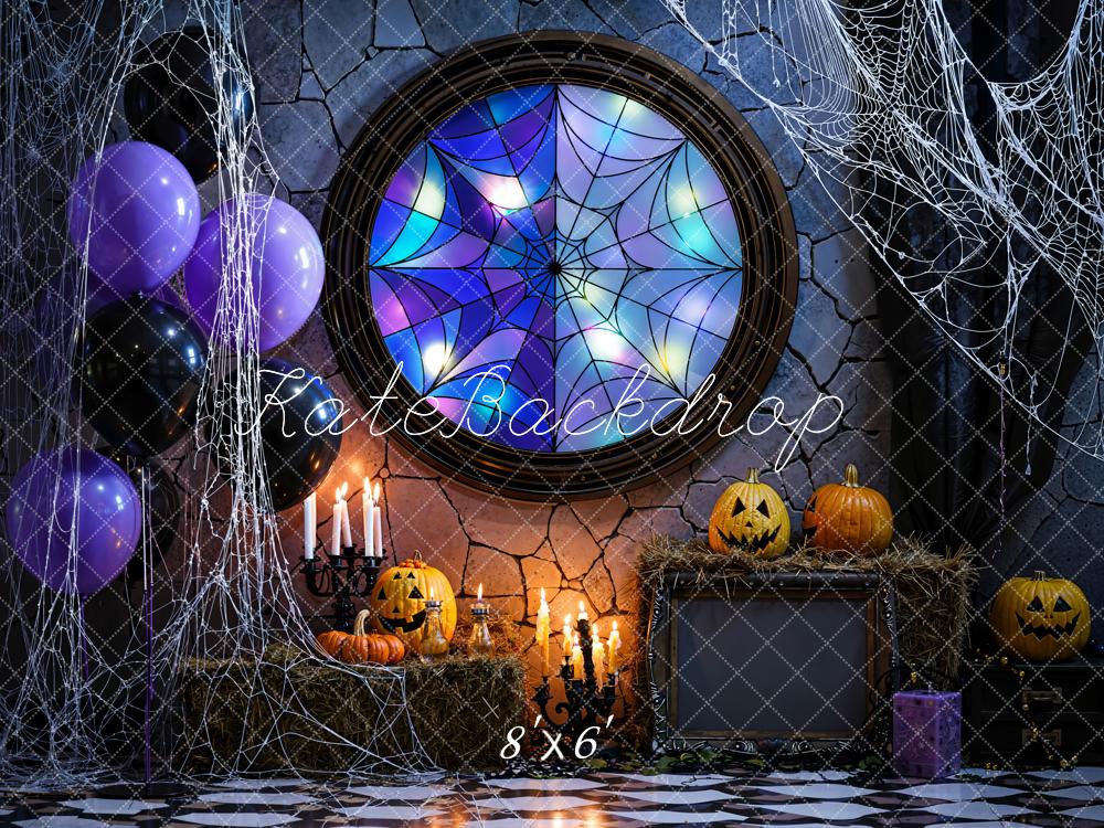 Kate Halloween Stained Glass Spiderweb Fleece Backdrop Designed by Emetselch