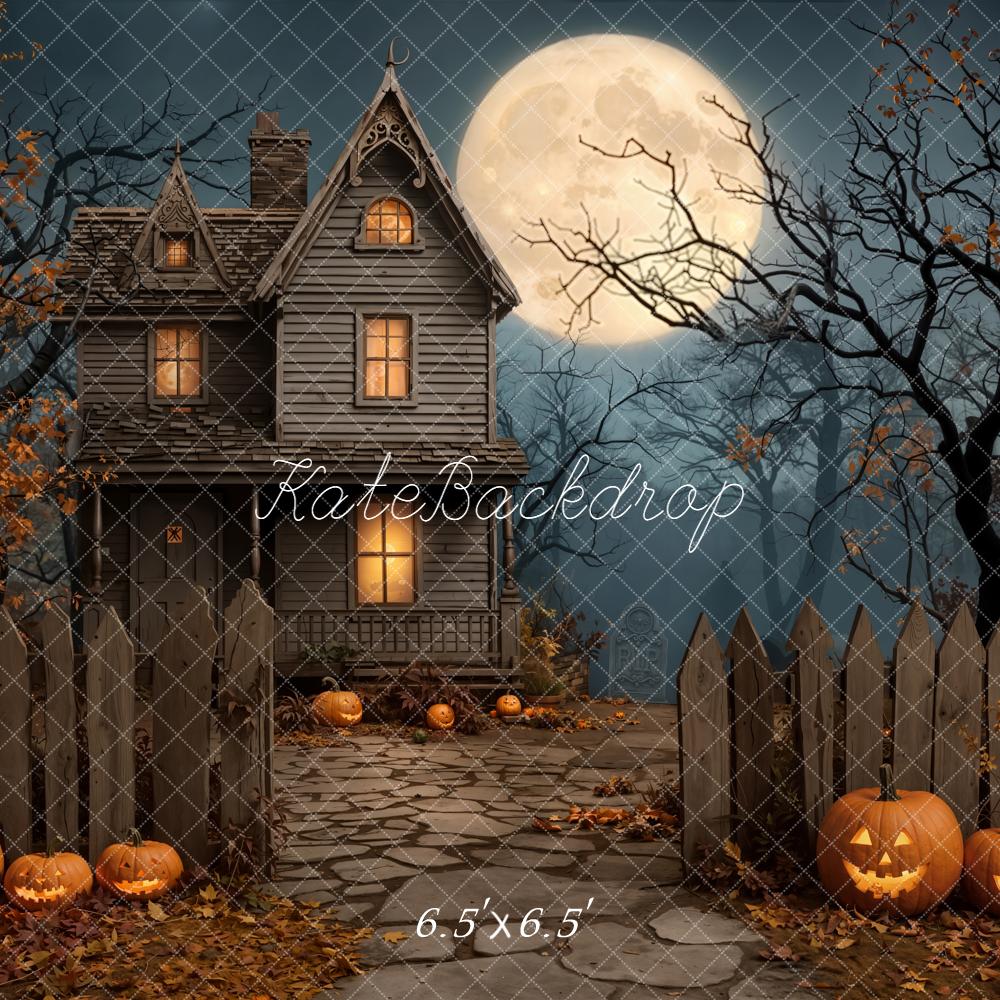 Kate Halloween Haunted House Pumpkins Full Moon Backdrop Designed by Emetselch