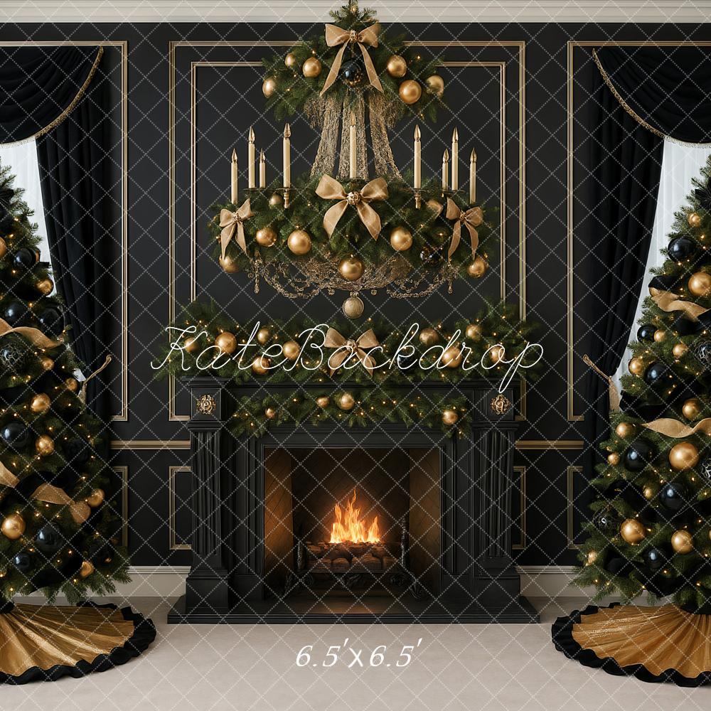Kate Christmas Black Gold Trees Fireplace Backdrop Designed by Ashley Paul