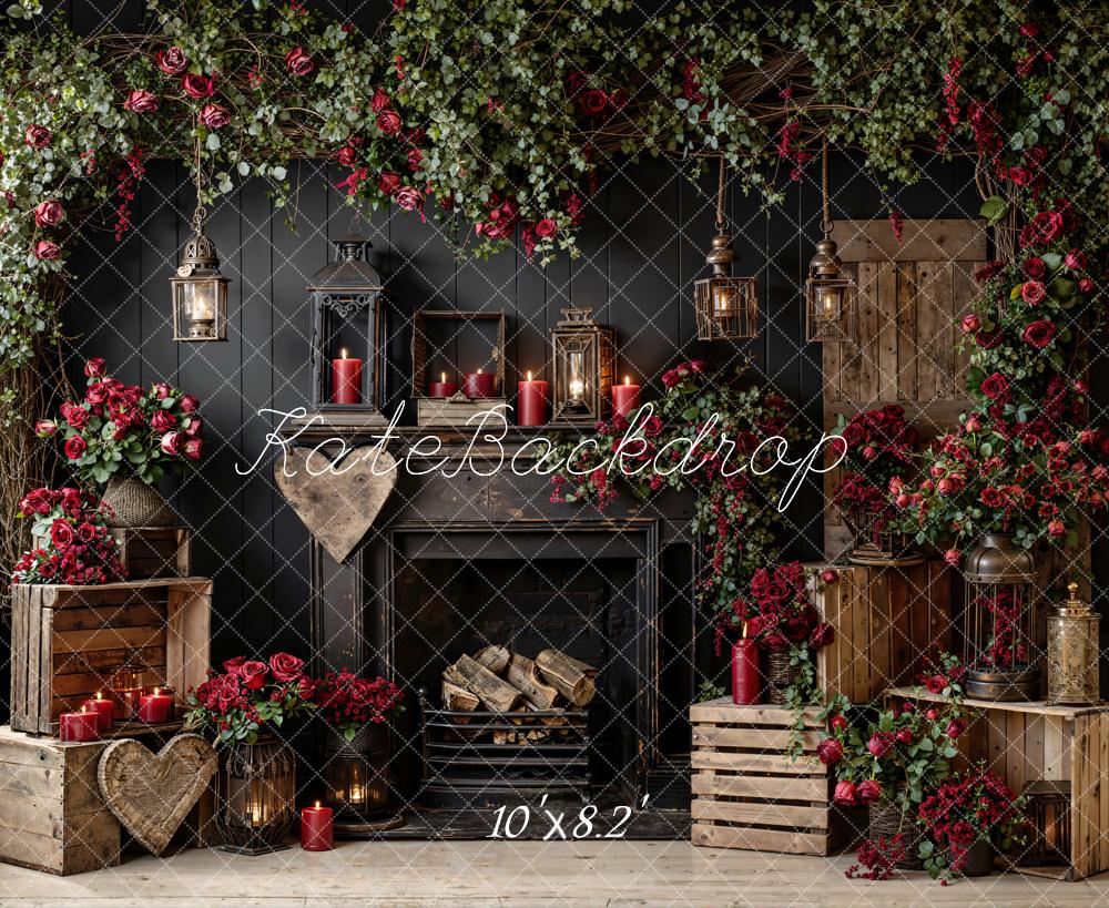 Kate Valentine Fireplace Roses Black Wall Backdrop Designed by Emetselch