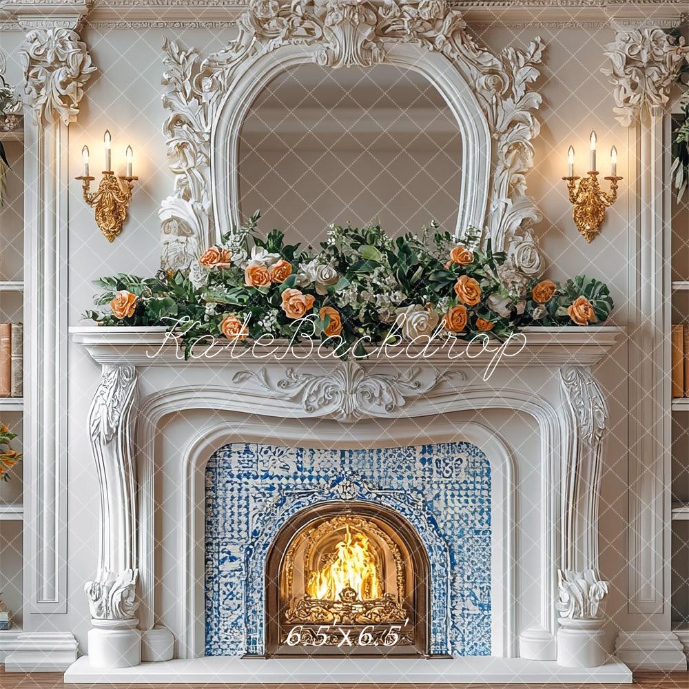 Kate Elegant Fireplace Spring Bookshelves Backdrop Designed by Mini MakeBelieve - Kate Backdrop AU