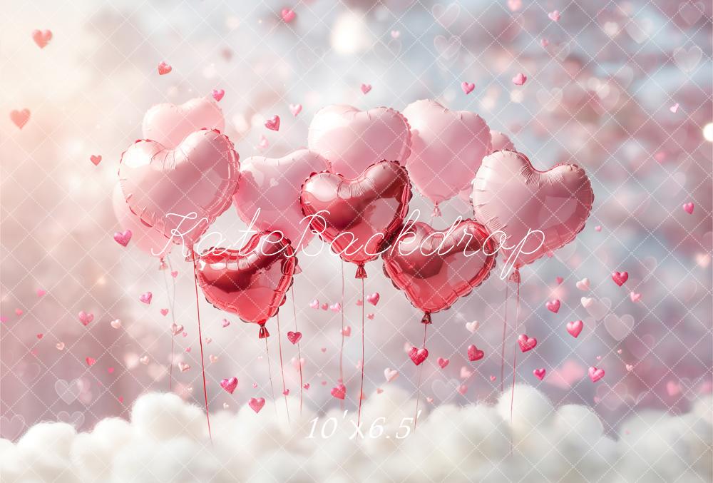 Kate Heart Balloons Pink Hearts Clouds Fleece Backdrop Designed by Chain - Kate Backdrop AU