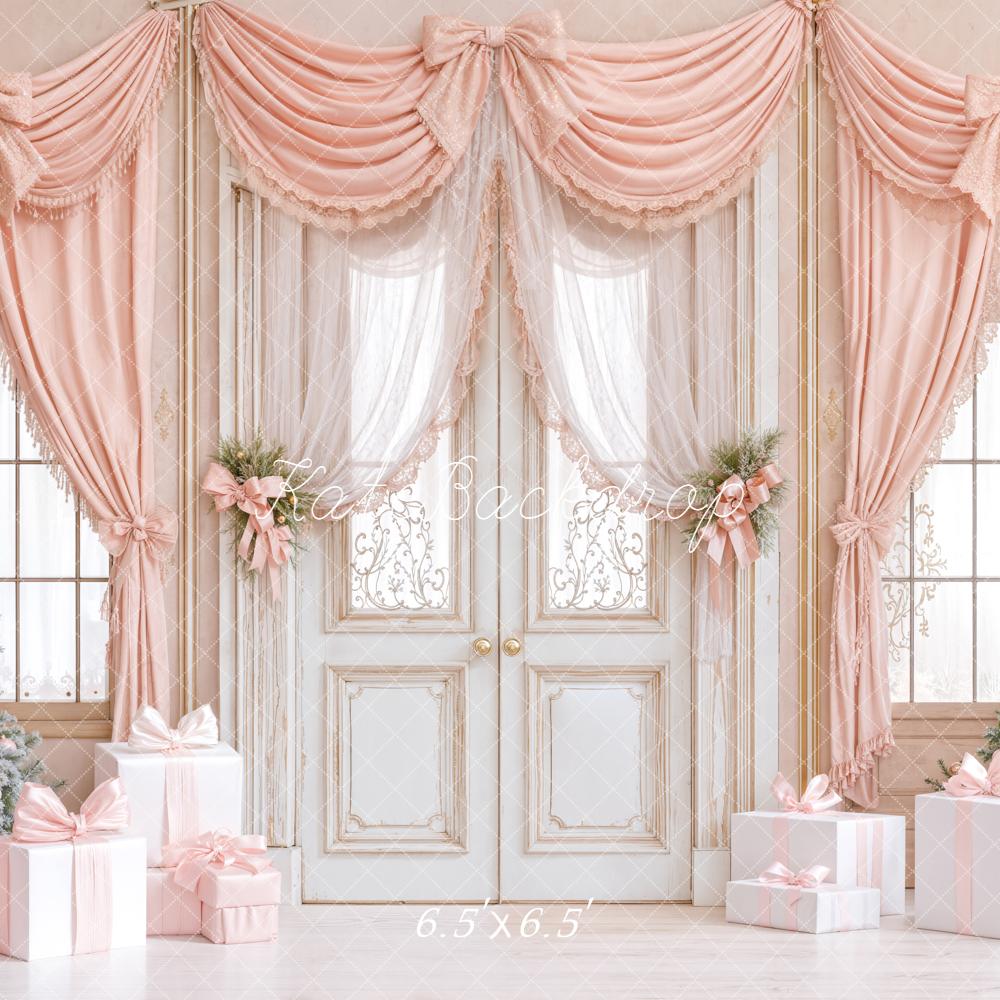 Kate Christmas Pink Curtains Presents Trees Backdrop Designed by Emetselch - Kate Backdrop AU