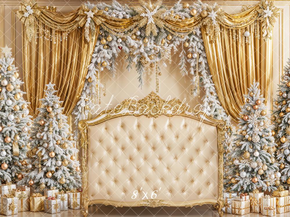 Kate Christmas Gold Curtains Frosted Trees Throne Backdrop Designed by Emetselch - Kate Backdrop AU
