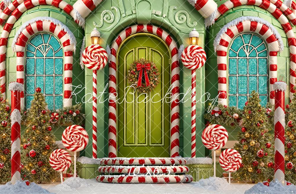 Kate Christmas Candy Cane House Lollipops Fleece Backdrop Designed by Emetselch