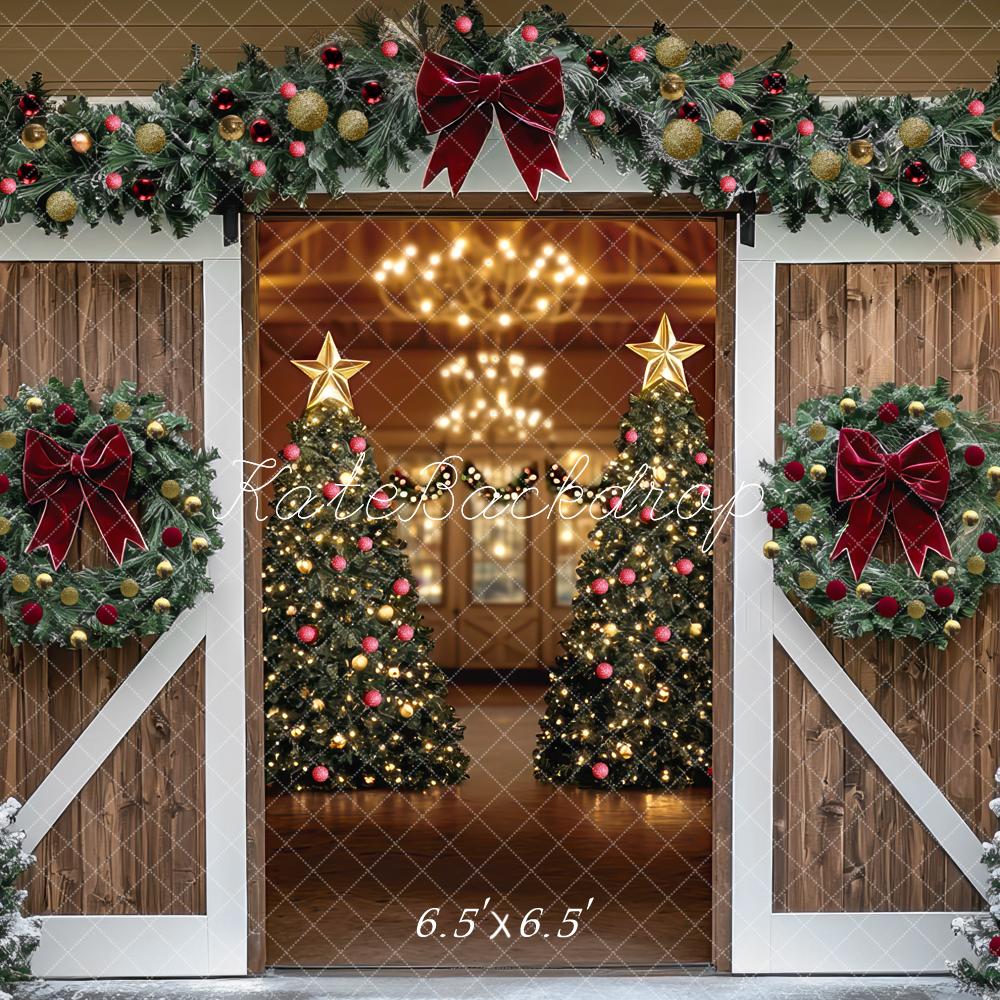 Kate Christmas Barn Door Trees Garland Backdrop Designed by Mini MakeBelieve - Kate Backdrop AU