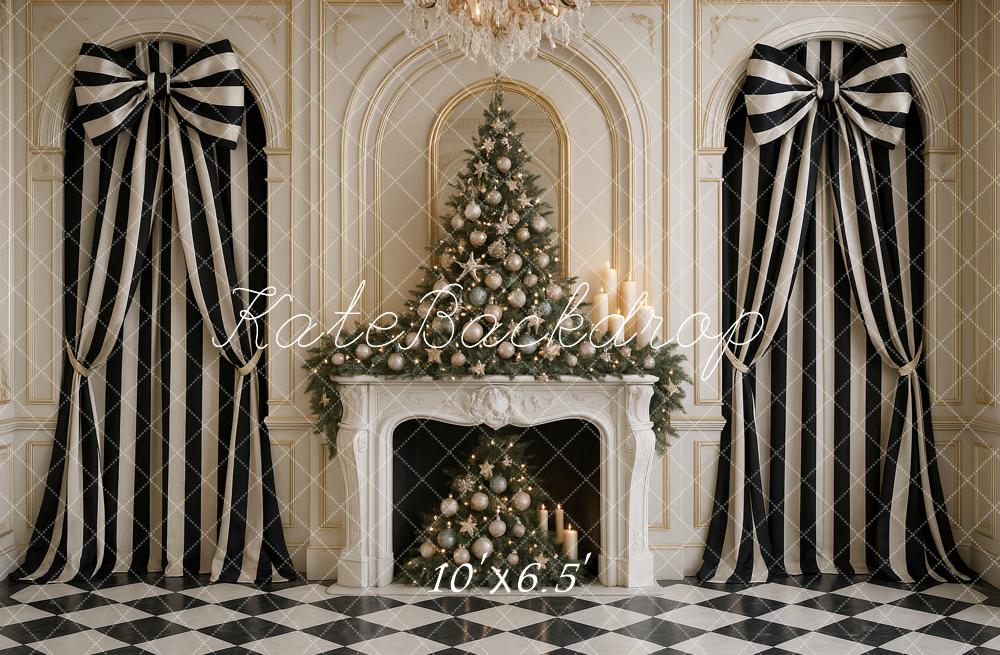 Kate Christmas Tree Fireplace Striped Curtains Backdrop Designed by Ashley Paul - Kate Backdrop AU