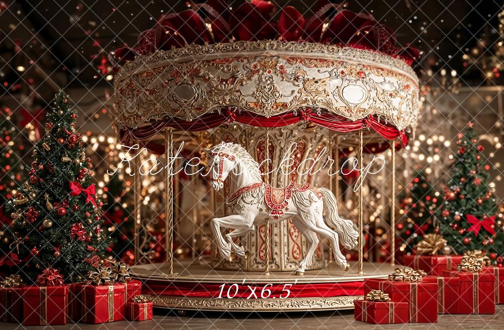 Kate Carousel Christmas Tree Presents Fleece Backdrop Designed by Emetselch