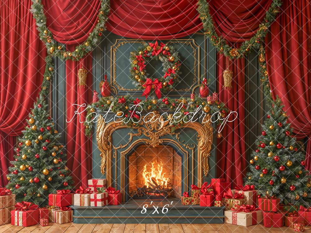 Kate Christmas Fireplace Wreath Presents Trees Fleece Backdrop Designed by Emetselch - Kate Backdrop AU