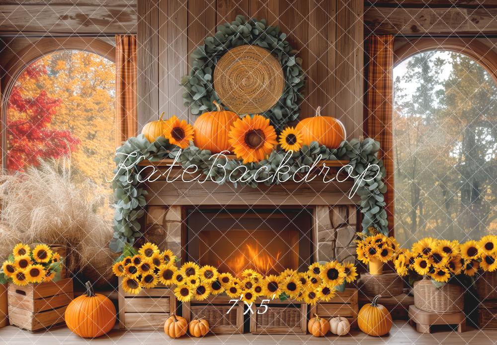 Kate Autumn Fireplace Sunflowers Pumpkins Backdrop Designed by Mini MakeBelieve - Kate Backdrop AU
