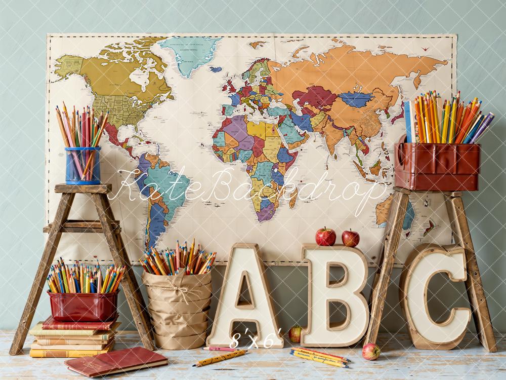 Kate Back To School Map Pencils Fleece Backdrop Designed by Emetselch - Kate Backdrop AU