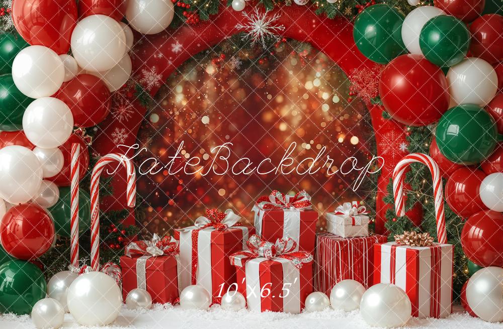 Kate Red Christmas Presents Balloons Bokeh Fleece Backdrop Designed by Emetselch