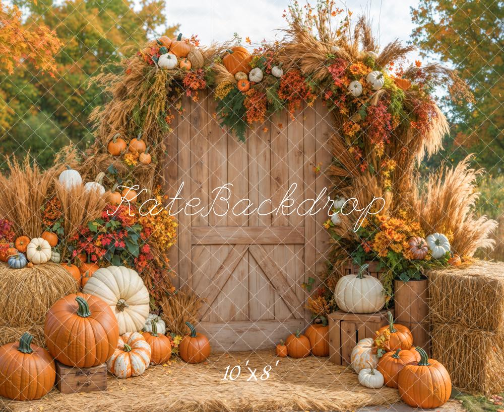 Kate Autumn Pumpkins Rustic Barn Door Fleece Backdrop Designed by Emetselch - Kate Backdrop AU