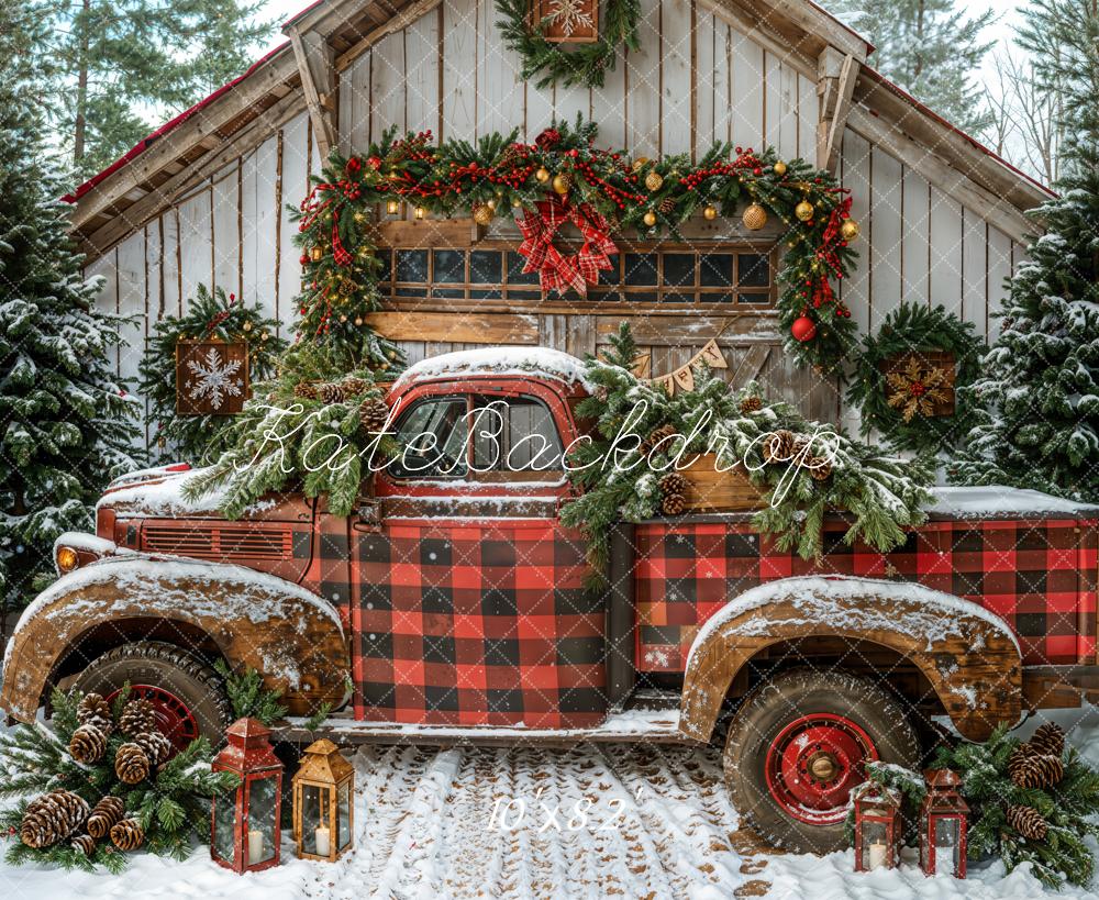 Kate Christmas Truck Plaid Snow Backdrop Designed by Emetselch - Kate Backdrop AU