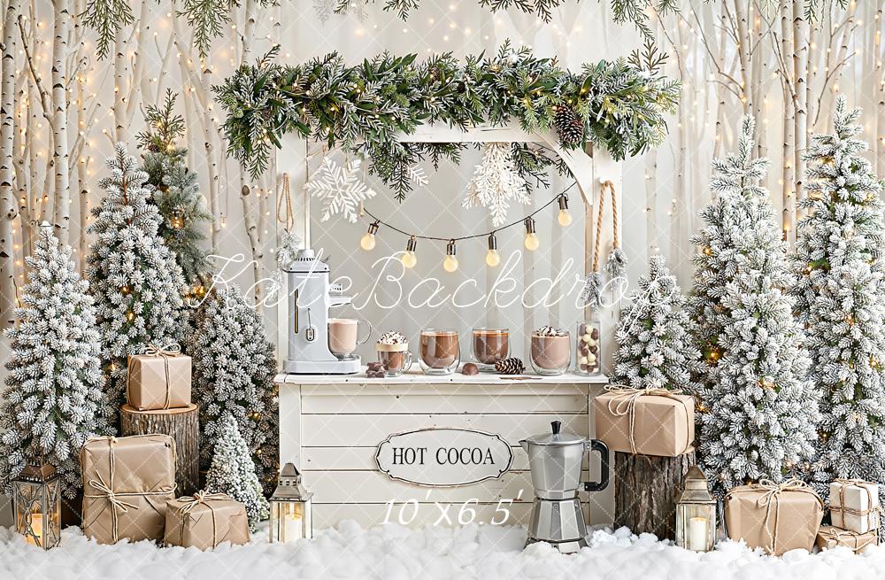 Kate Christmas Hot Cocoa Snowy Trees Gifts Fleece Backdrop Designed by Emetselch - Kate Backdrop AU