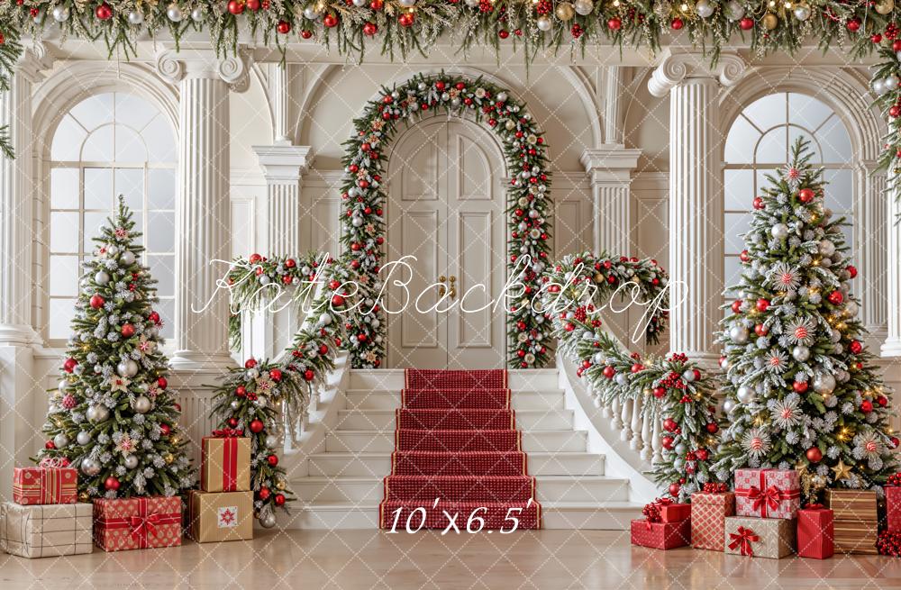 Kate Christmas Cascading Stairs Trees Fleece Backdrop Designed by Emetselch