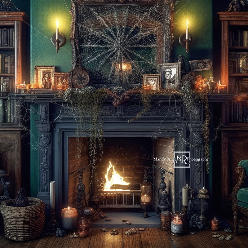 Kate Halloween Fireplace Cobweb Candles Vintage Backdrop Designed by Mandy Ringe - Kate Backdrop AU