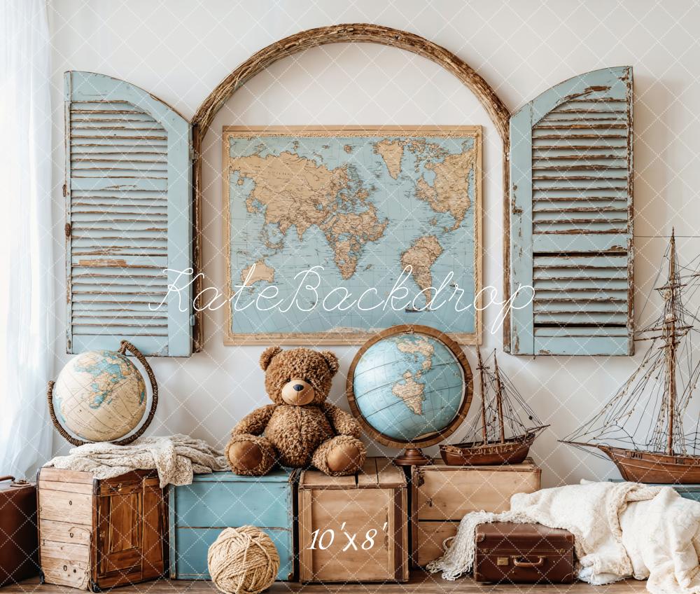 Kate Vintage Travel Maps Globes Ships Fleece Backdrop Designed by Emetselch - Kate Backdrop AU