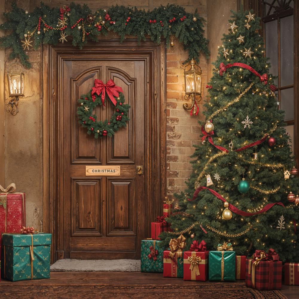 Kate Christmas Tree Presents Wooden Door Backdrop Designed by GQ - Kate Backdrop AU