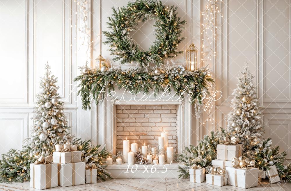 Kate Christmas Fireplace Wreath Trees Backdrop Designed by Emetselch