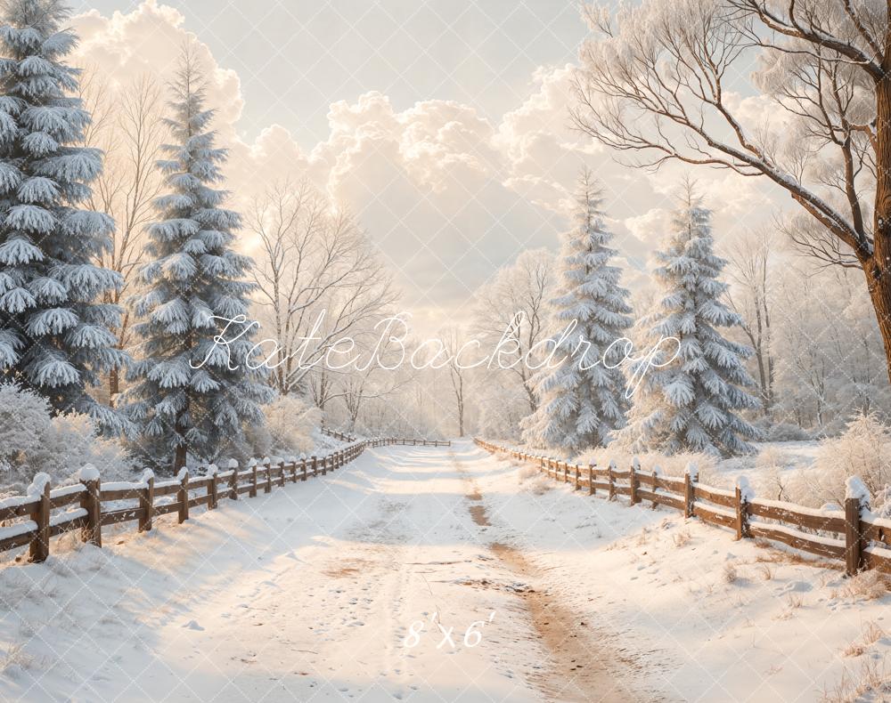 Kate Winter Snow Path Wooden Fence Fleece Backdrop Designed by Emetselch - Kate Backdrop AU